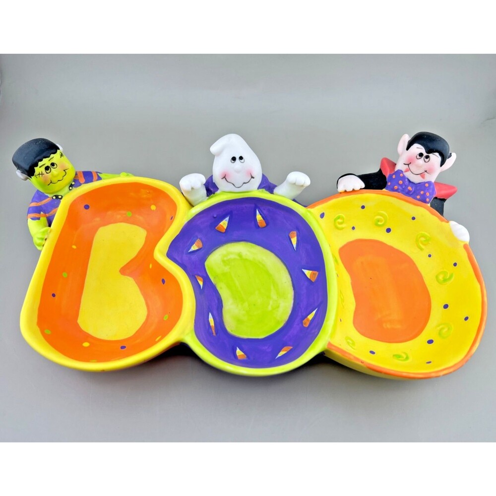 Vtg Painted Porcelain Halloween BOO Candy Dish Frankenstein Ghost Dracula EUC